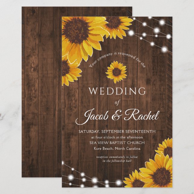 Rustic Sunflower Lights on Wood Wedding Invitation (Front/Back)