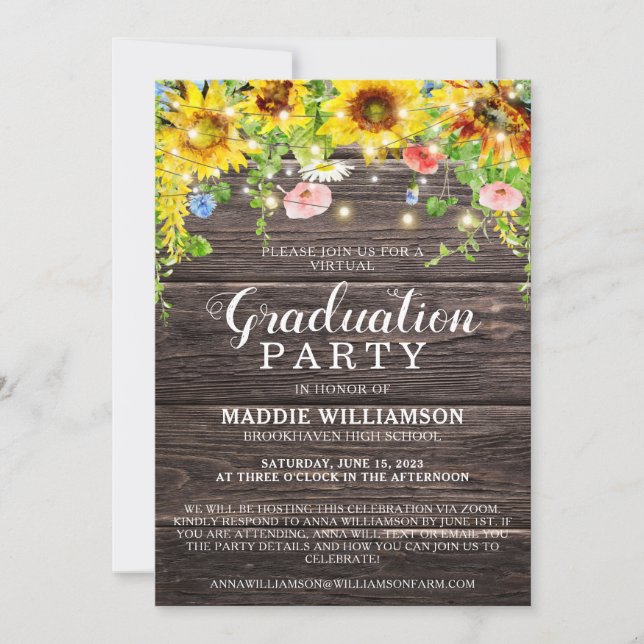 Rustic Sunflower Lights PHOTO  VIRTUAL Graduation Invitation (Front)