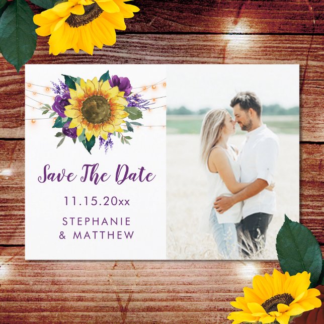 Rustic Sunflower Lights Purple Photo Save The Date (Creator Uploaded)