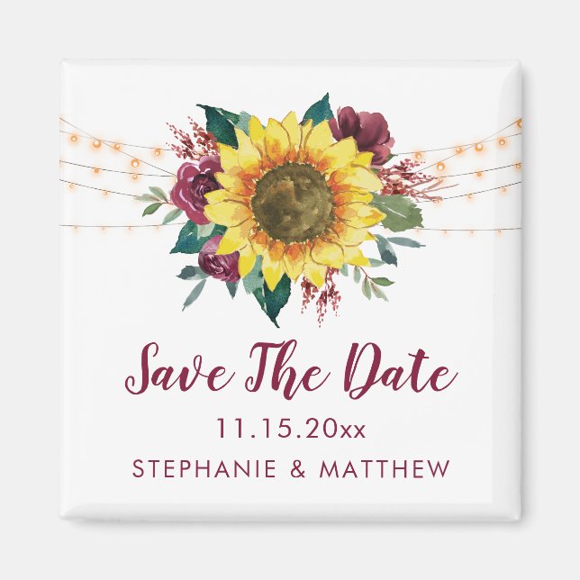 Rustic Sunflower Lights Save The Date Magnet (Front)