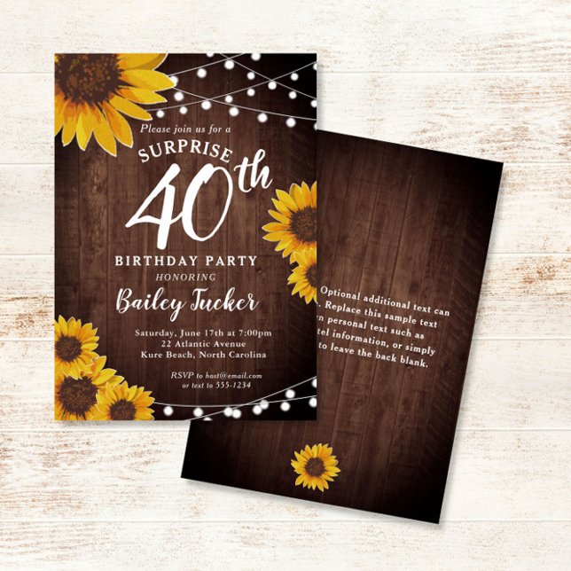 Rustic Sunflower & Lights Surprise 40th Birthday Invitation (Creator Uploaded)