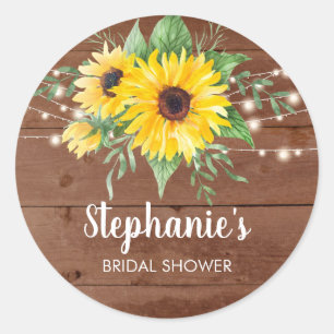Rustic Sunflower Lights Wood Bridal Shower Classic Round Sticker