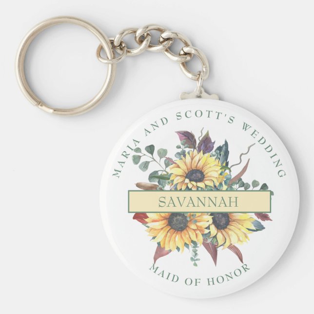 Rustic Sunflower Maid of Honour Button Keychain (Front)