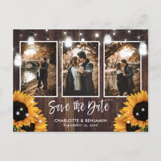 Rustic Sunflower Mason Jar 3 Photo Save The Date Announcement Postcard