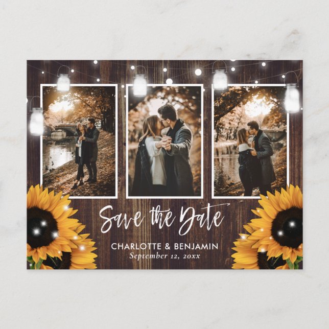 Rustic Sunflower Mason Jar 3 Photo Save The Date Announcement Postcard (Front)