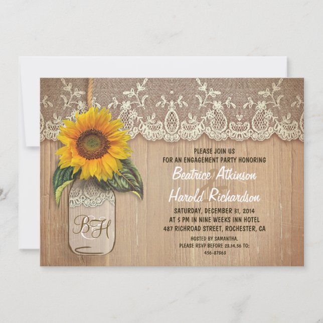 rustic sunflower mason jar engagement party invitation (Front)