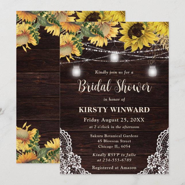 Rustic Sunflower & Mason Jar Lights Bridal Shower Invitation (Front/Back)