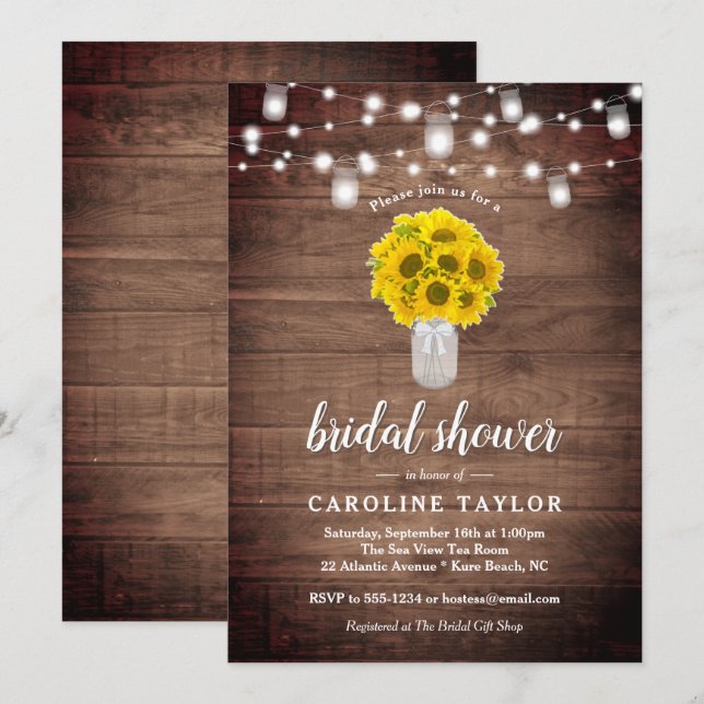 Rustic Sunflower Mason Jar Lights Bridal Shower Invitation (Front/Back)