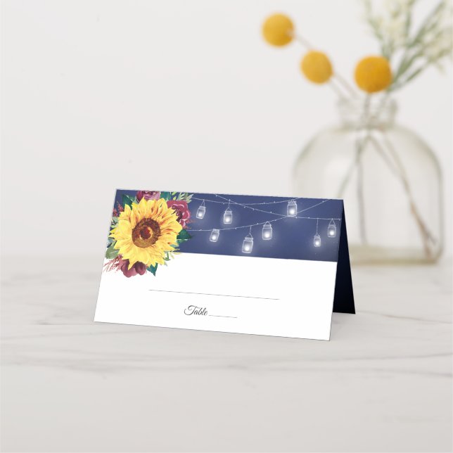 Rustic Sunflower Mason Jar Lights Navy Wedding Place Card (Front)