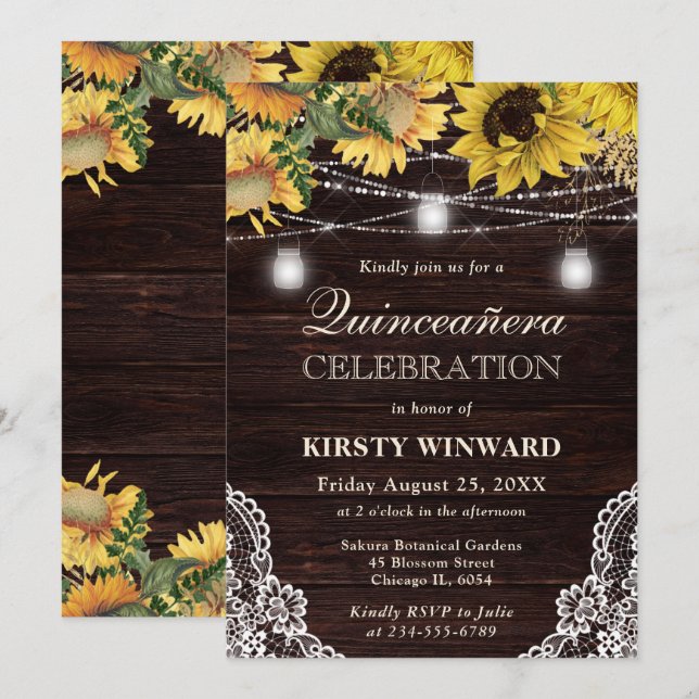 Rustic Sunflower & Mason Jar Lights Quinceanera Invitation (Front/Back)
