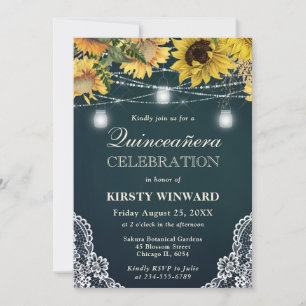 Rustic Sunflower & Mason Jar Lights Quinceanera Invitation
