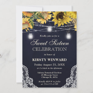 Rustic Sunflower & Mason Jar Lights Sweet 16 Invitation