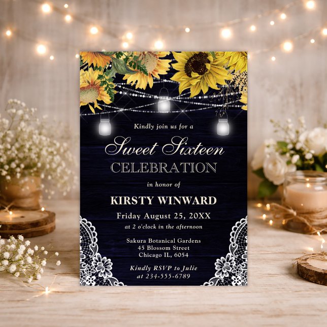 Rustic Sunflower & Mason Jar Lights Sweet 16 Invitation (Creator Uploaded)