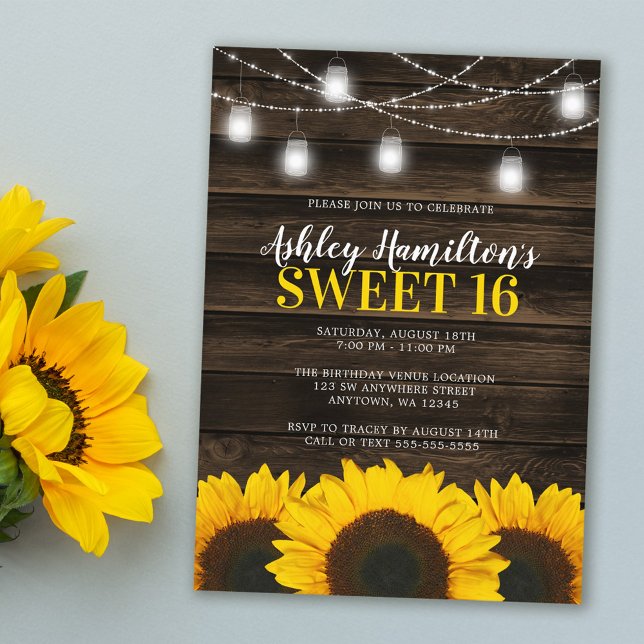 Rustic Sunflower Mason Jar Lights Sweet 16 Invitation (Creator Uploaded)