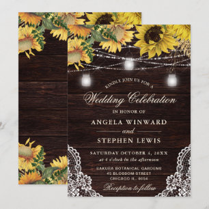 Rustic Sunflower & Mason Jar Lights Wedding Invitation