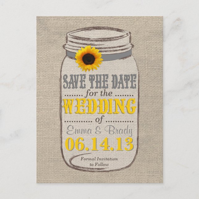 Rustic Sunflower & Mason Jar Save the Date Announcement Postcard (Front)