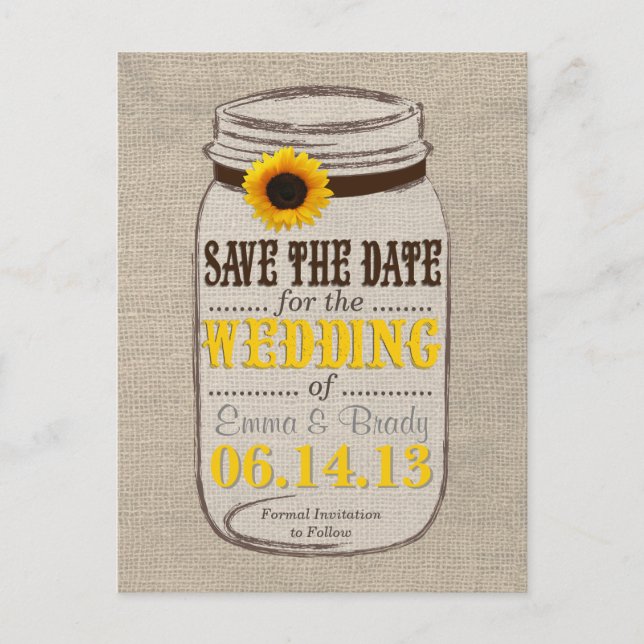 Rustic Sunflower & Mason Jar Save the Date Announcement Postcard (Front)