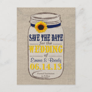 Rustic Sunflower & Mason Jar Save the Date Navy Announcement Postcard