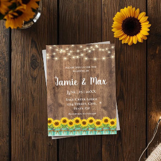 Rustic Sunflower Mason Jar String Lights Wedding Invitation
