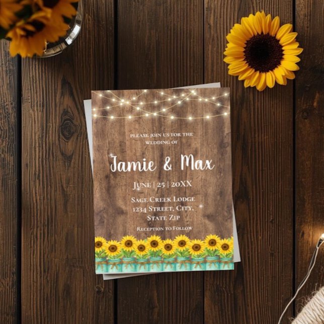 Rustic Sunflower Mason Jar String Lights Wedding Invitation (Creator Uploaded)