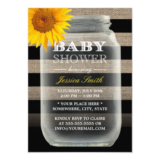Rustic Sunflower Mason Jar & Stripes Baby Shower Card