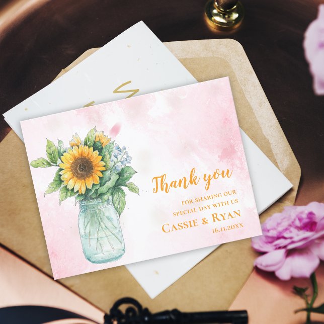 Rustic Sunflower Mason Jar Wedding Thank You Postcard (Rustic Sunflower Mason Jar Wedding Thank You Postcard)