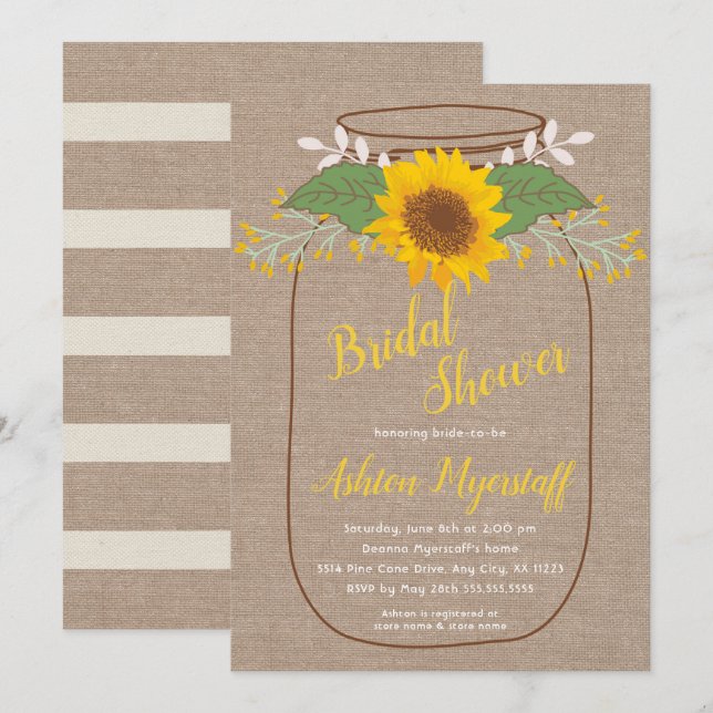 Rustic Sunflower Mason jarre invitations de douche (Devant / Derrière)