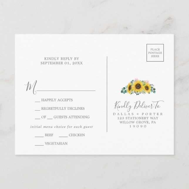 Rustic Sunflower Menu Choice Wedding RSVP Postcard (Back)