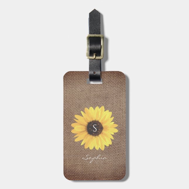 Rustic Sunflower Monogram Burlap Luggage Tag (Front Vertical)
