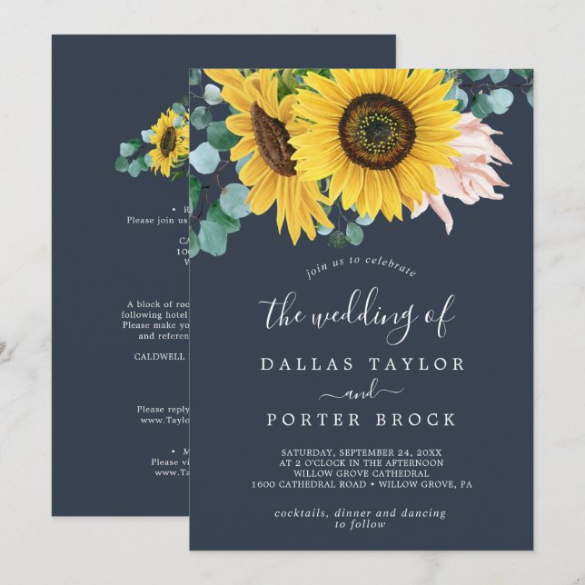Rustic Sunflower | Navy All In One Wedding Invitation (Front/Back)