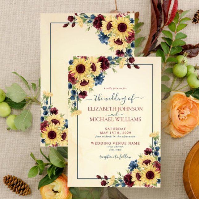 Rustic Sunflower Navy Blue Burgundy Floral Wedding Invitation (Creator Uploaded)