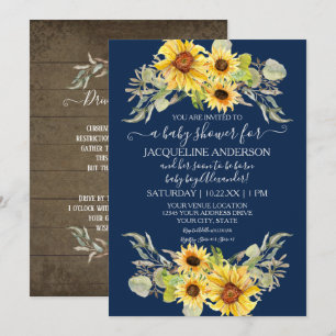 Rustic Sunflower Navy Blue Drive By Baby Shower Invitation