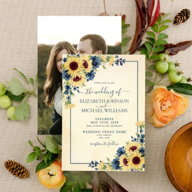 Rustic Sunflower Navy Blue Floral Photo Wedding Invitation (Creator Uploaded)