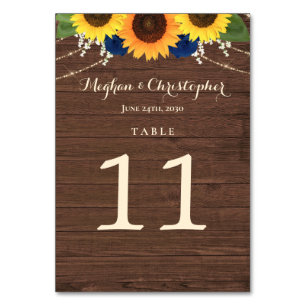Rustic Sunflower Navy Blue Roses Wood Wedding Table Number