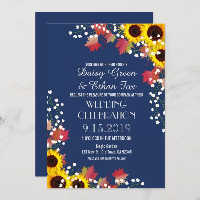 Rustic Sunflower Navy Blue Wedding Invitations (Front/Back)