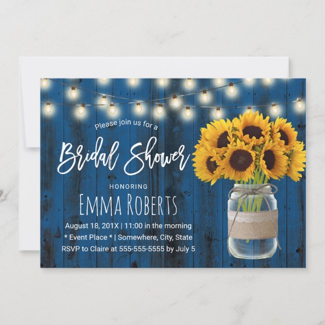 Rustic Sunflower Navy Blue Wood Bridal Shower Invitation (Front)