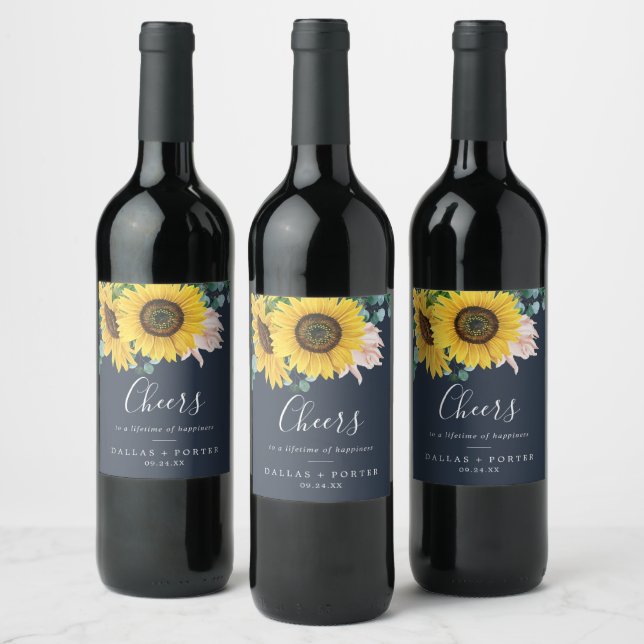 Rustic Sunflower | Navy Cheers Wedding Wine Labels (Bottles)