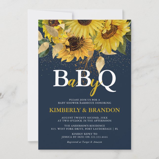 Rustic Sunflower, Navy & Gold BBQ Baby Shower  Invitation (Front)
