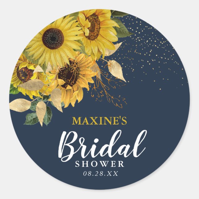 Rustic Sunflower Navy & Gold Bridal Shower Classic Round Sticker (Front)