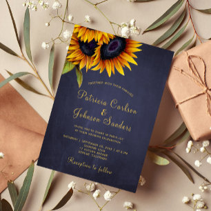 Rustic sunflower navy gold wedding invitation