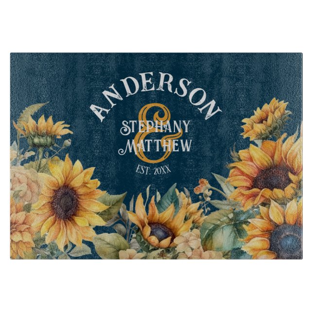 Rustic Sunflower Navy Personalized Wedding Gift Cutting Board (Front)