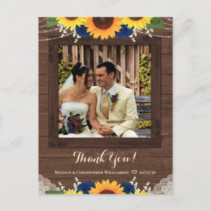 Rustic Sunflower Navy Rose Wedding Thank You Photo Postcard