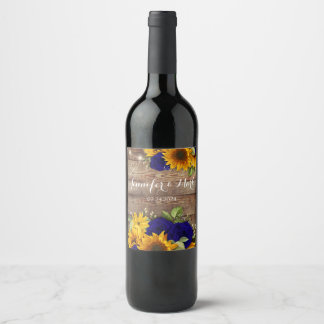 Rustic Sunflower & Navy Roses Wine Label