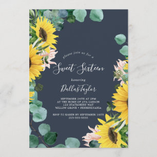 Rustic Sunflower Navy Sweet Sixteen Birthday Invitation