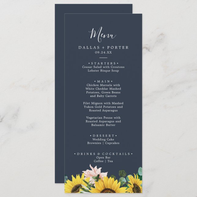 Rustic Sunflower | Navy Wedding Dinner Menu (Front/Back)