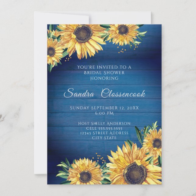  Rustic Sunflower Navy Wood Wedding Bridal Shower Invitation (Front)