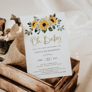 Rustic Sunflower   Oh Baby Shower Gold Script Invitation