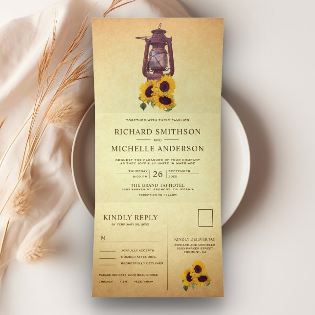 Rustic Sunflower Oil Lantern All in One Wedding Tri-Fold Invitation (Creator Uploaded)