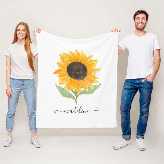 Rustic Sunflower Personalized Name Script Fleece Blanket (In Situ)
