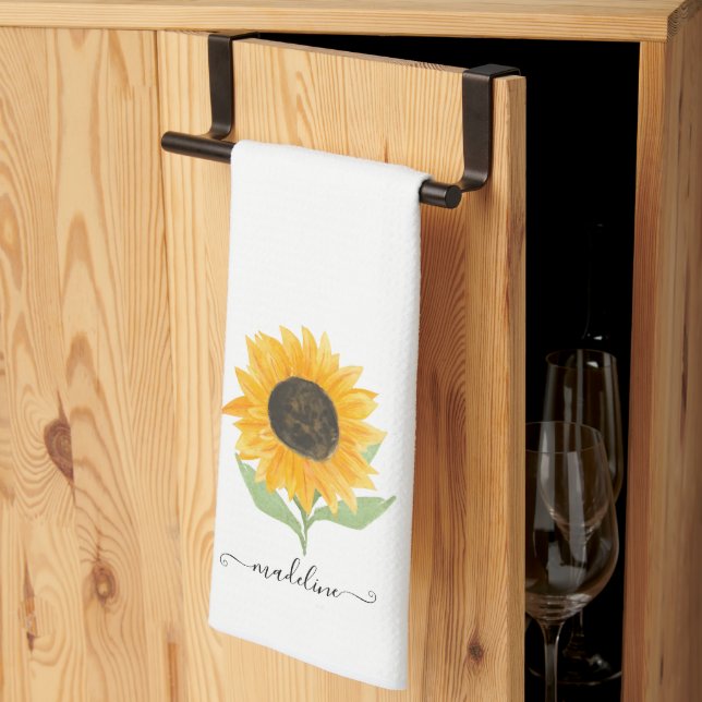 Rustic Sunflower Personalized Name Script Kitchen Towel (Thirds Fold)